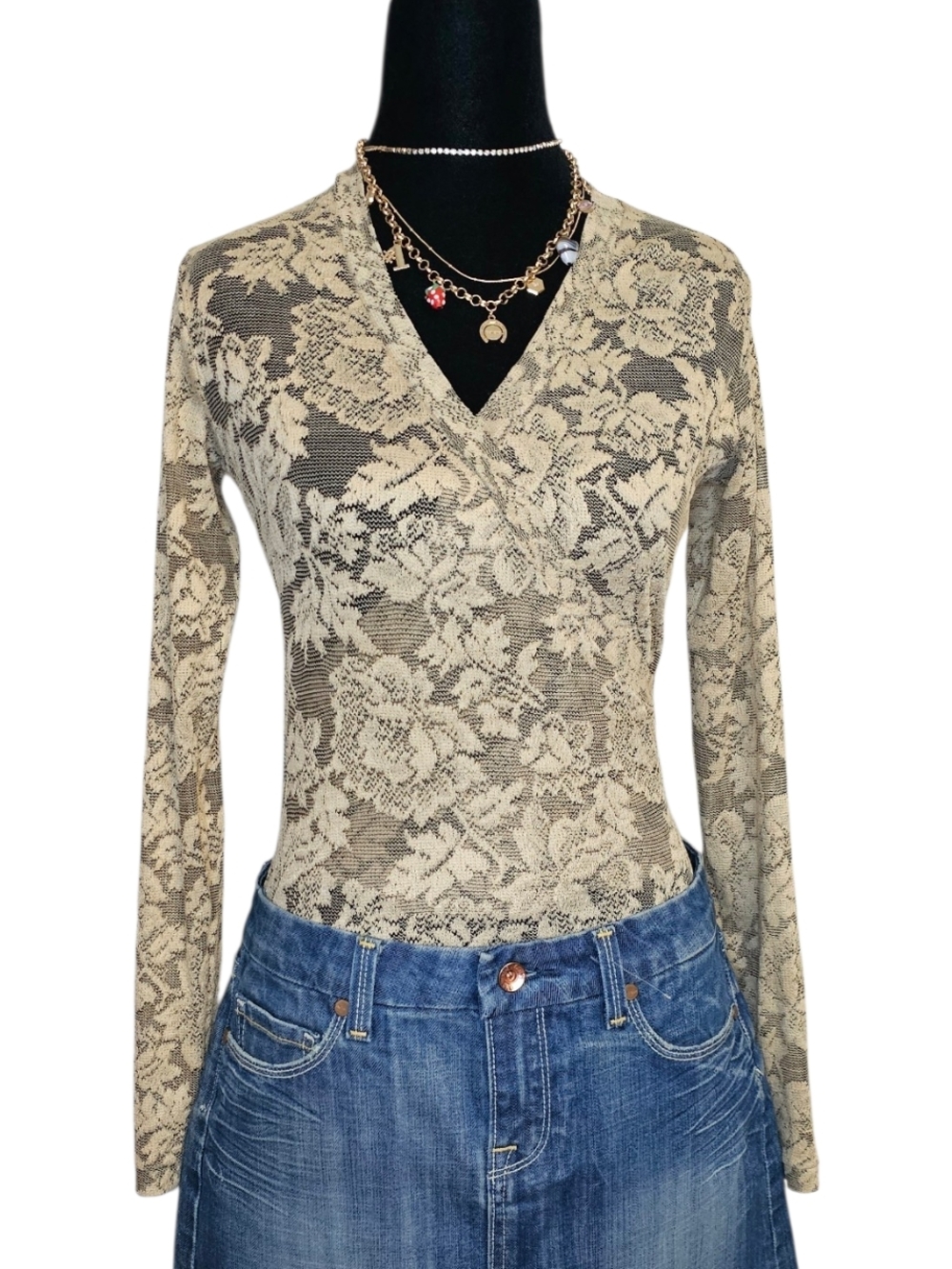 VTG Only Hearts Helena Stuart Lace Wrap Bodysuit Bell Sleeves M/L